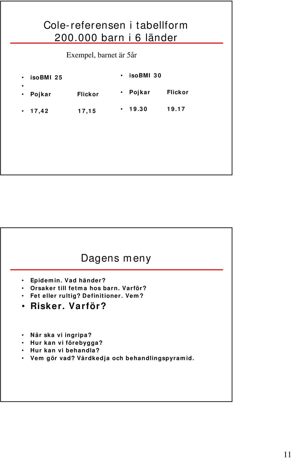 Flickor 19.30 19.17 Dagens meny Epidemin. Vad händer? Orsaker till fetma hos barn. Varför?