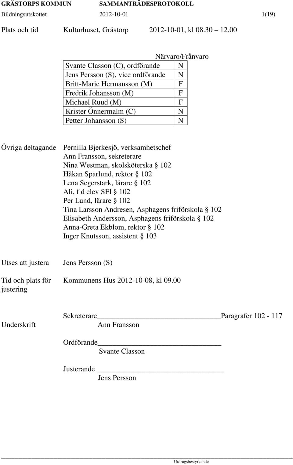 Johansson (S) N Övriga deltagande Pernilla Bjerkesjö, verksamhetschef Ann Fransson, sekreterare Nina Westman, skolsköterska 102 Håkan Sparlund, rektor 102 Lena Segerstark, lärare 102 Ali, f d elev