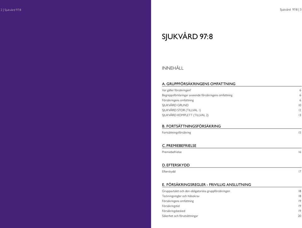 (TILLVAL 2) 13 B. Fortsättningsförsäkring Fortsättningsförsäkring 15 C. Premiebefrielse Premiebefrielse 16 D. Efterskydd Efterskydd 17 E.