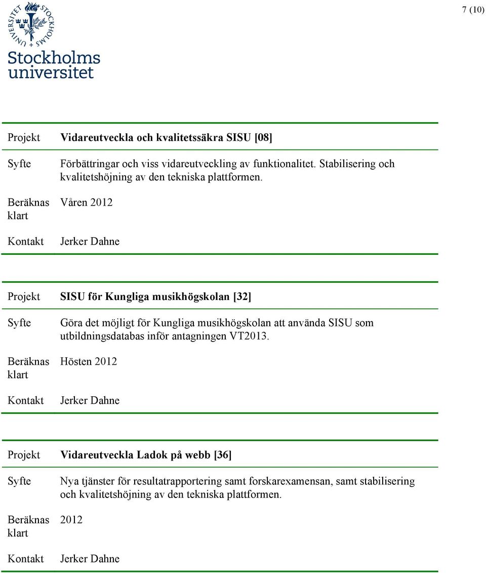 Våren 2012 Projekt SISU för Kungliga musikhögskolan [32] Göra det möjligt för Kungliga musikhögskolan att använda SISU som