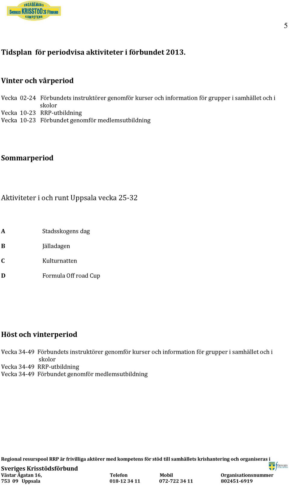 RRP-utbildning Vecka 10-23 Förbundet genomför medlemsutbildning Sommarperiod Aktiviteter i och runt Uppsala vecka 25-32 A B C D Stadsskogens dag