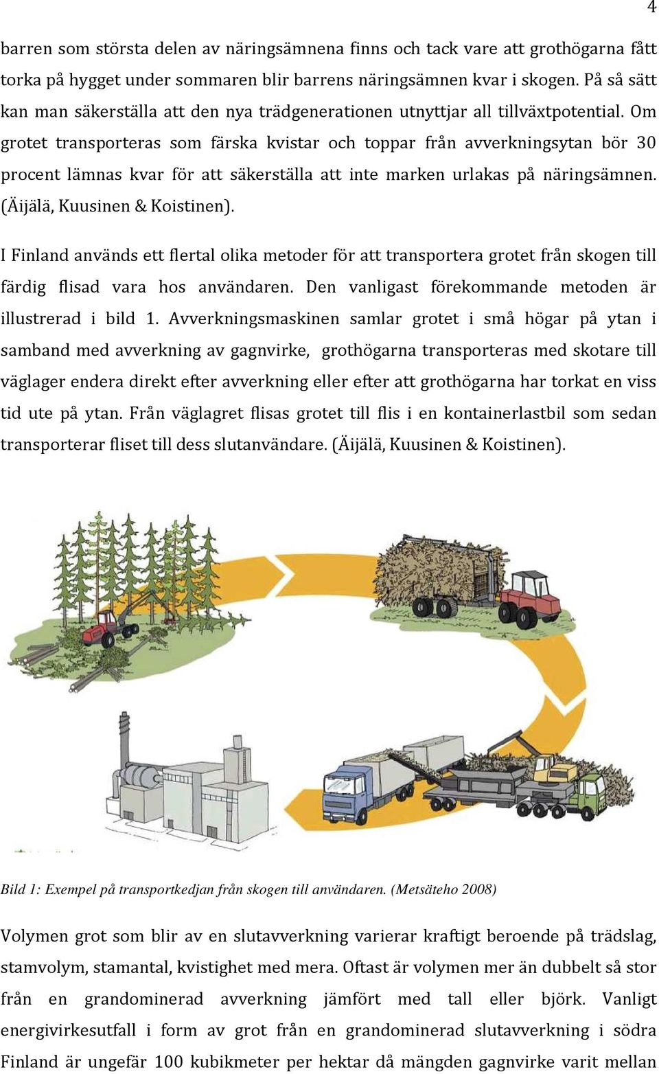 Om grotet transporteras som färska kvistar och toppar från avverkningsytan bör 30 procent lämnas kvar för att säkerställa att inte marken urlakas på näringsämnen. (Äijälä, Kuusinen & Koistinen).