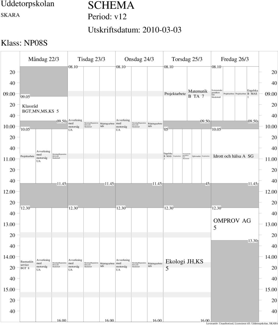 Torsdag 2/3 Fredag 26/3 09.