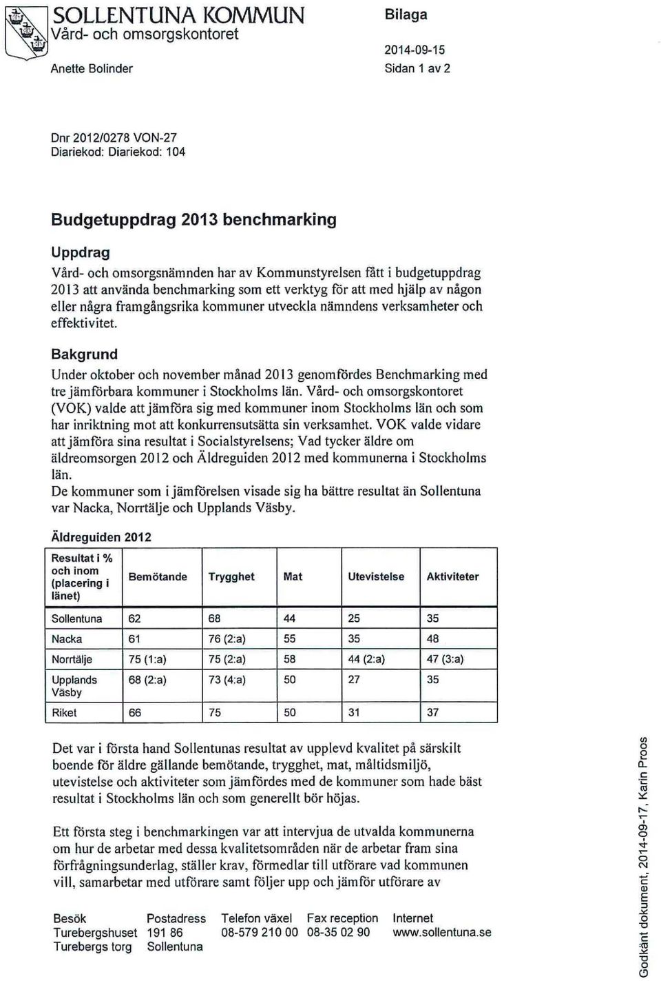och effektivitet. Bakgrund Under oktober och november månad 2013 genomfördes Benchmarking med tre jämförbara kommuner i Stockholms län.