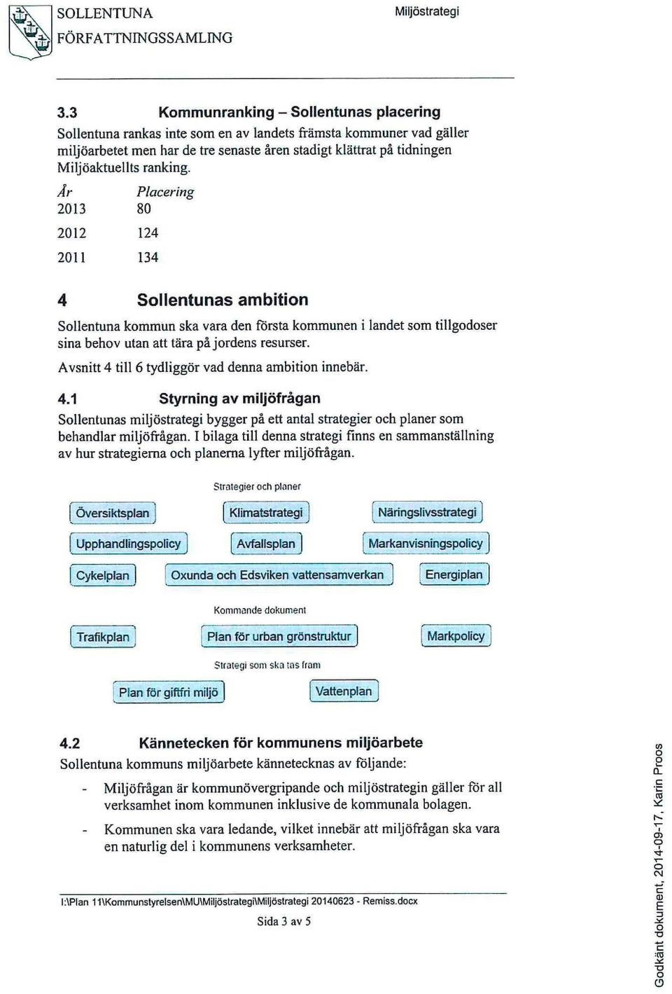 ranking. Ar Placering 2013 80 2012 2011 124 134 4 Sollentunas ambition Sollentuna kommun ska vara den första kommunen i landet som tillgodoser sina behov utan att tära på jordens resurser.