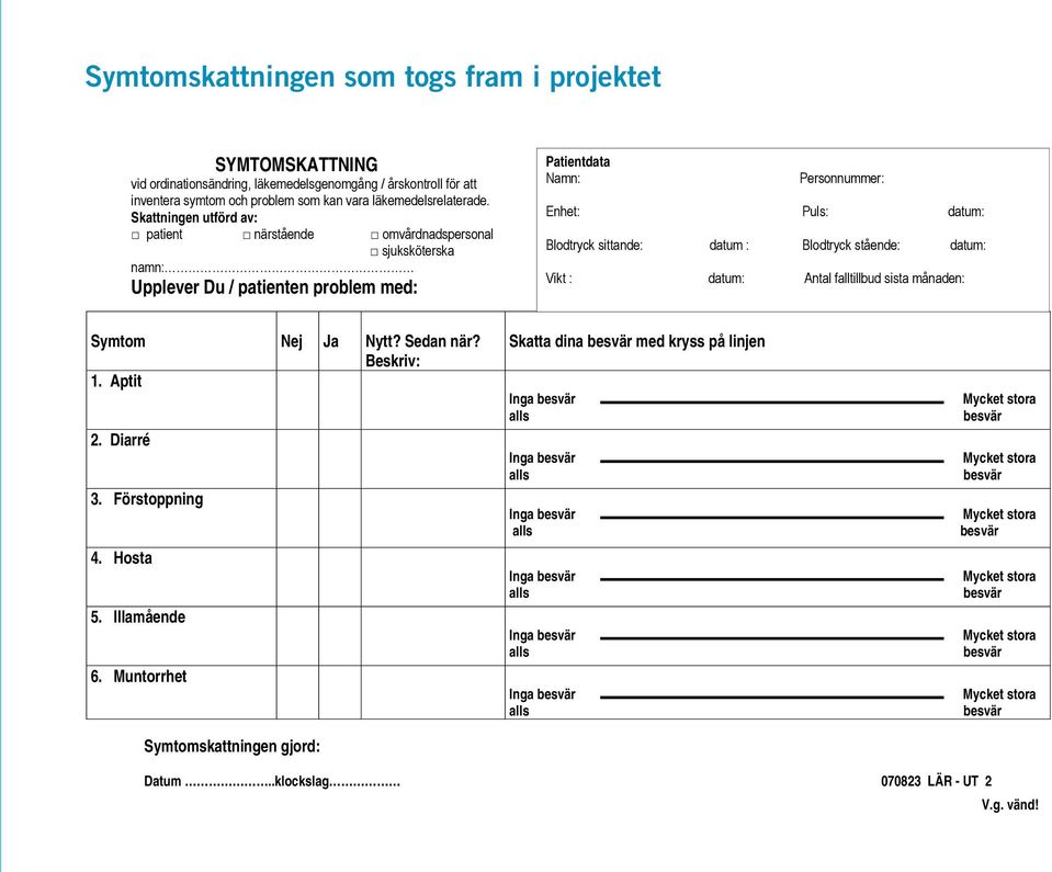 Skattningen utförd av: patient närstående omvårdnadspersonal sjuksköterska namn: Upplever Du / patienten problem med: Patientdata Namn: Personnummer: Enhet: Puls: datum: