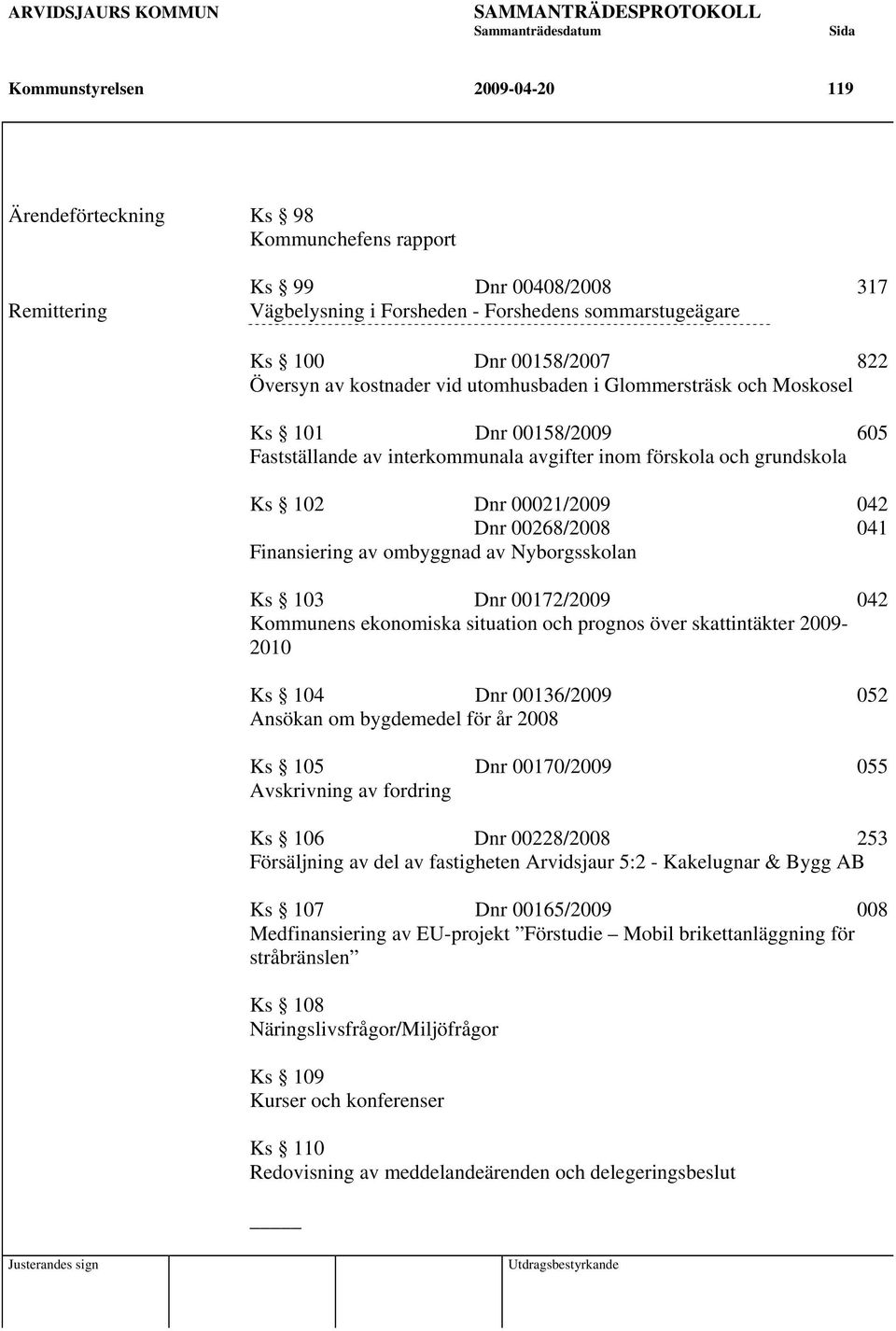 00268/2008 041 Finansiering av ombyggnad av Nyborgsskolan Ks 103 Dnr 00172/2009 042 Kommunens ekonomiska situation och prognos över skattintäkter 2009-2010 Ks 104 Dnr 00136/2009 052 Ansökan om