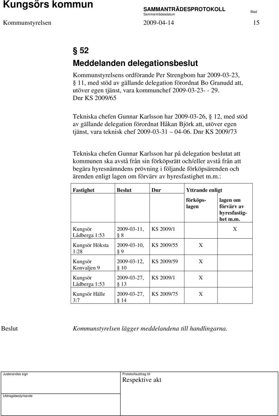 Dnr KS 2009/65 Tekniska chefen Gunnar Karlsson har 2009-03-26, 12, med stöd av gällande delegation förordnat Håkan Björk att, utöver egen tjänst, vara teknisk chef 2009-03-31 04-06.