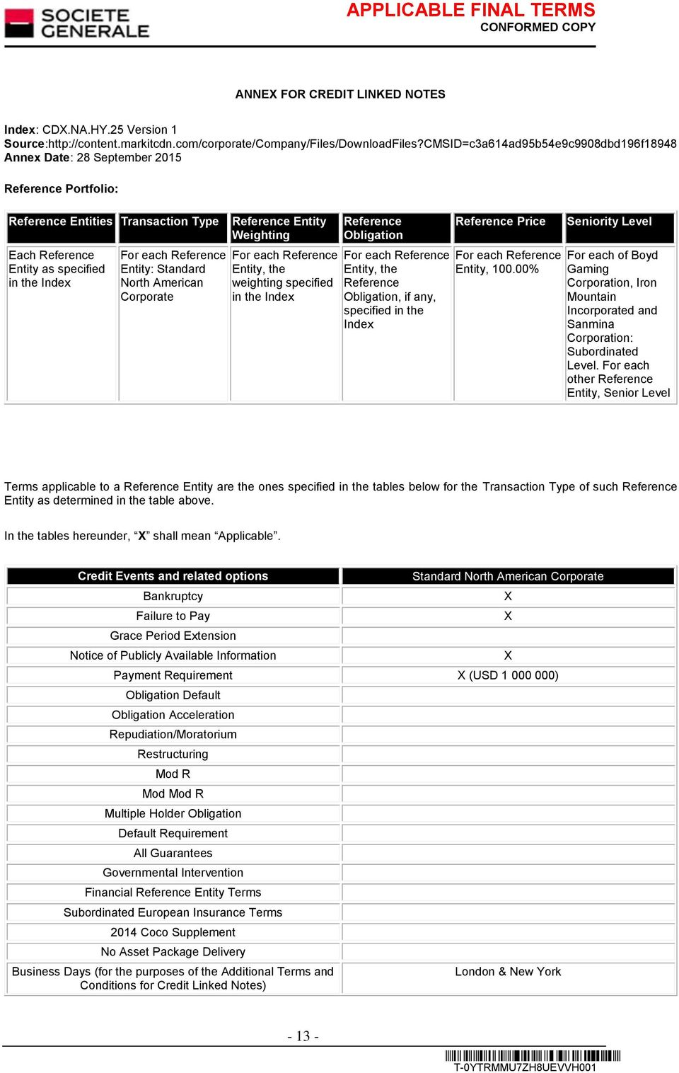 Entity: Standard North American Corporate Reference Entity Weighting For each Reference Entity, the weighting specified in the Index Reference Obligation For each Reference Entity, the Reference