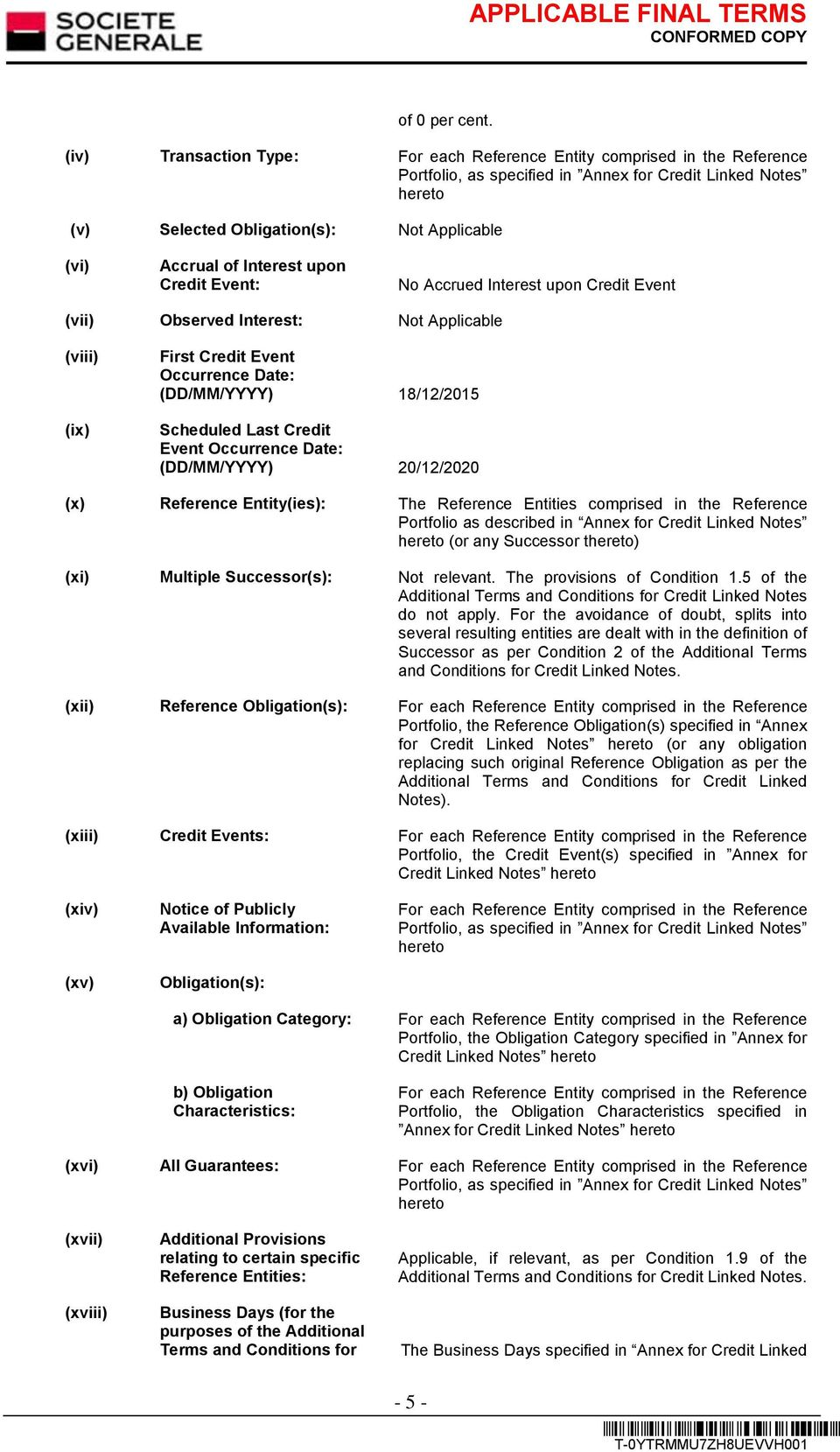 Credit Event: No Accrued Interest upon Credit Event (vii) Observed Interest: (viii) (ix) First Credit Event Occurrence Date: (DD/MM/YYYY) 18/12/2015 Scheduled Last Credit Event Occurrence Date: