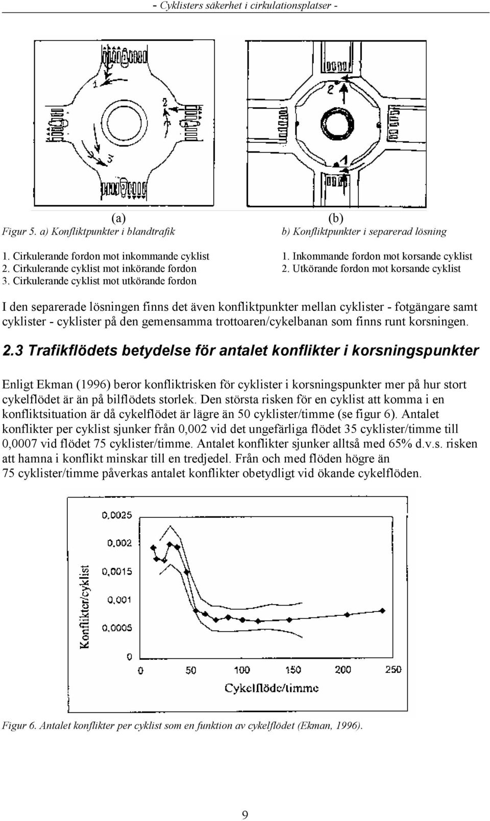 Cirkulerande cyklist mot utkörande fordon I den separerade lösningen finns det även konfliktpunkter mellan cyklister - fotgängare samt cyklister - cyklister på den gemensamma trottoaren/cykelbanan