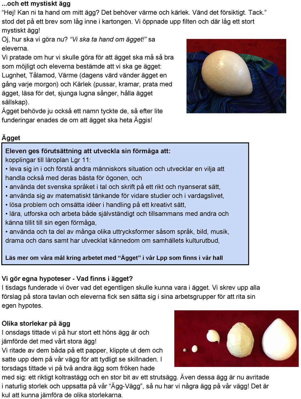 Vi pratade om hur vi skulle göra för att ägget ska må så bra som möjligt och eleverna bestämde att vi ska ge ägget: Lugnhet, Tålamod, Värme (dagens värd vänder ägget en gång varje morgon) och Kärlek