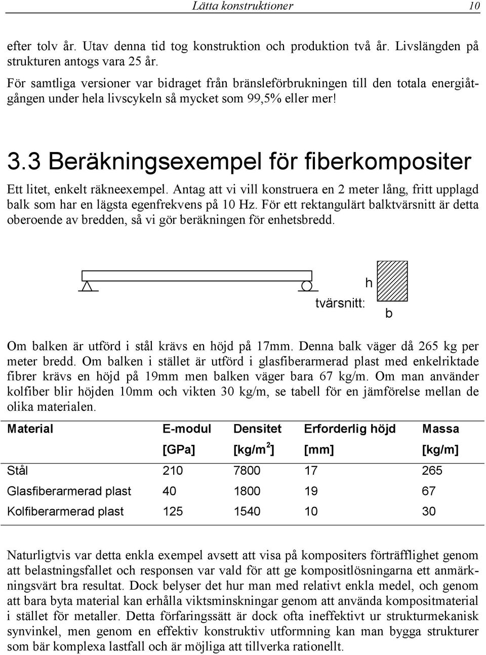 3 Beräkningsexempel för fiberkompositer Ett litet, enkelt räkneexempel. Antag att vi vill konstruera en 2 meter lång, fritt upplagd balk som har en lägsta egenfrekvens på 10 Hz.