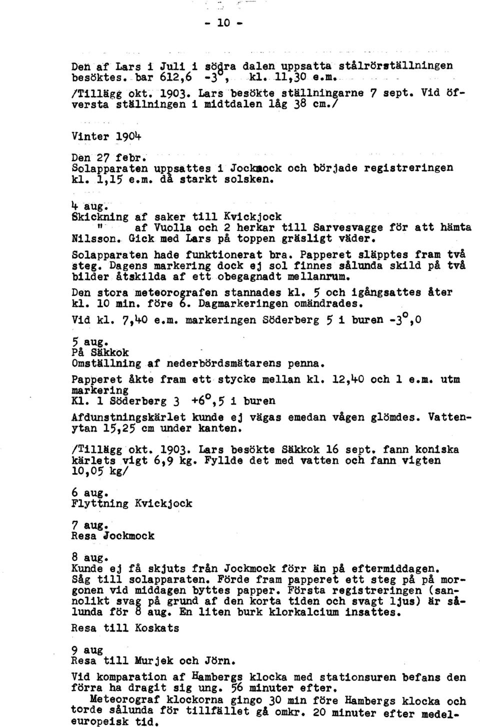 Skickning af saker till Kvickjock '" af Vuolla och 2 herkar till Sarvesvagge fc5r att hämta Nilsson. Gick med Lars på toppen gräsligt väder. Solapparaten hade funktionerat bra.