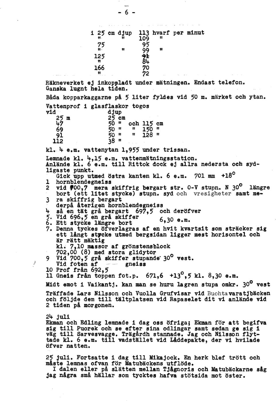 Lemnade kl. 4,1, e.m. vattenmätningsstation. Anlände kl. 6 e.m. till Rittok dock ej allra nedersta och sydligaste punkt. Gick upp utmed ijstra kanten kl. 6 e.m. 701 mm +18 0 l hornblende gne i ss o 2 vid '00,7 mera skiffrig bergart str.