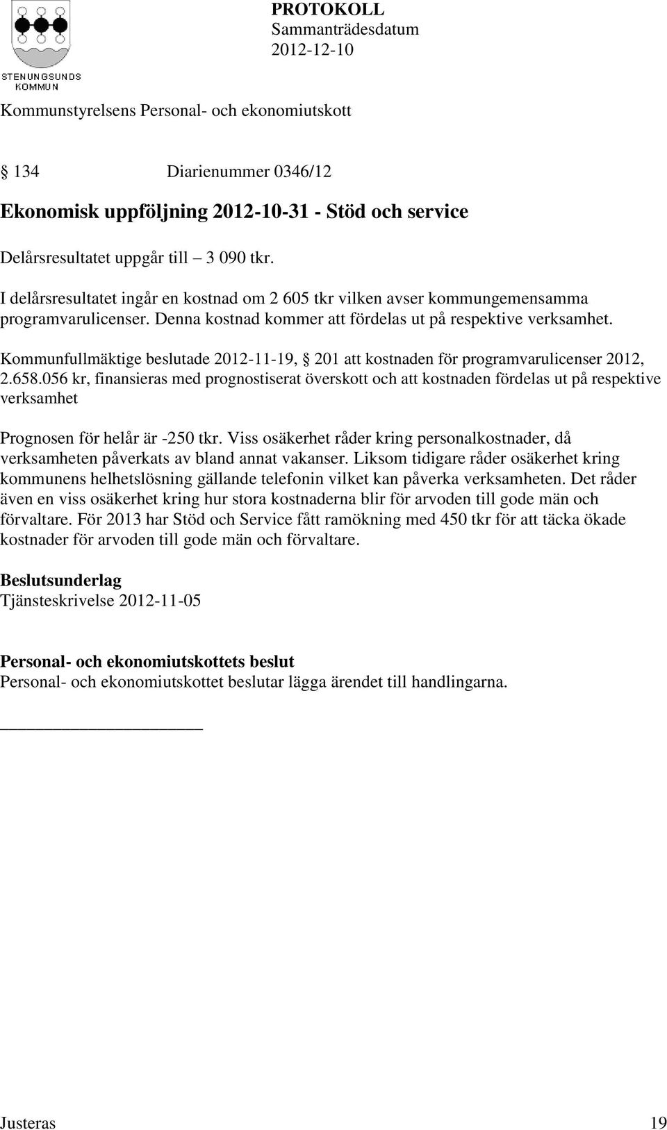 Kommunfullmäktige beslutade 2012-11-19, 201 att kostnaden för programvarulicenser 2012, 2.658.