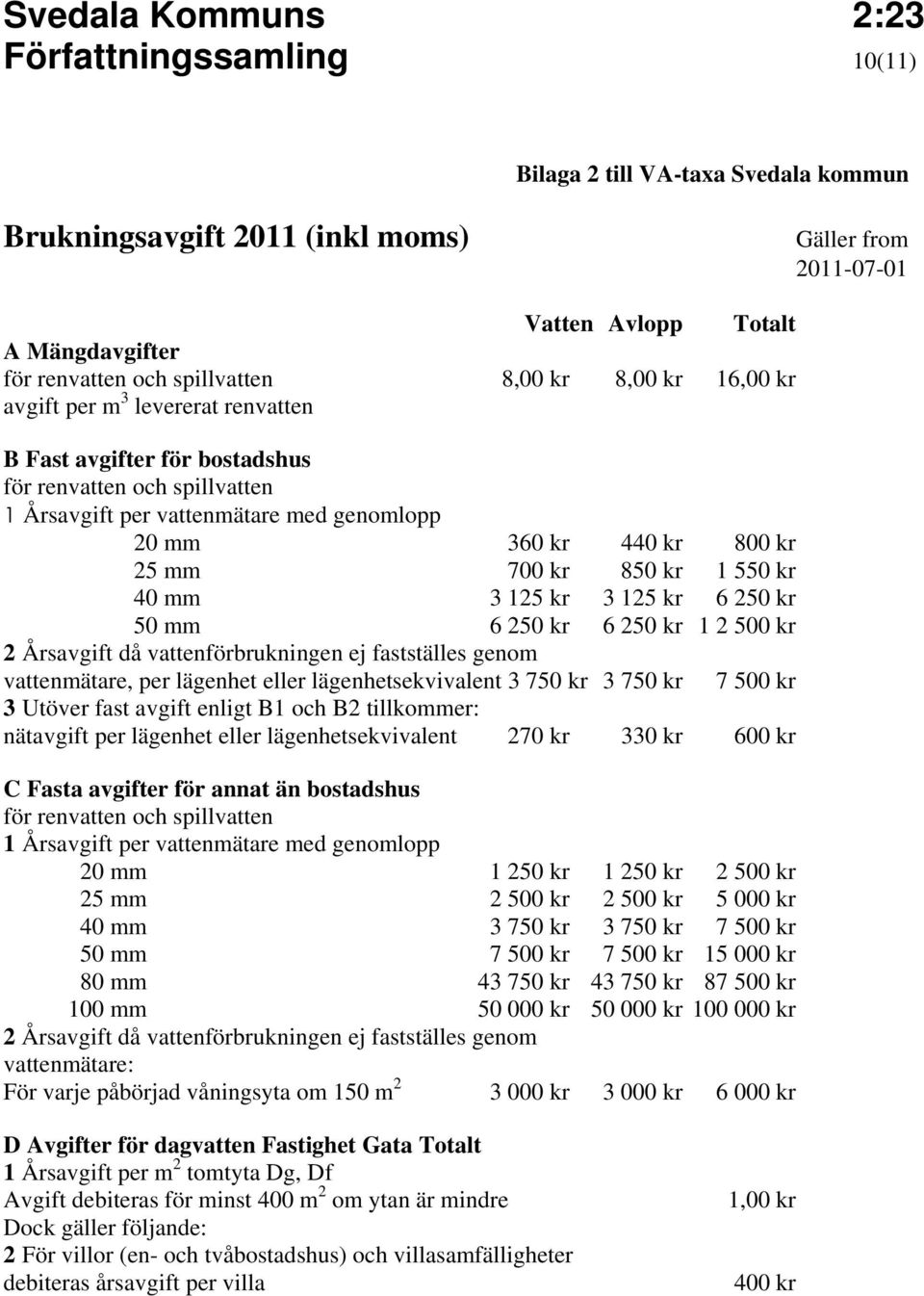 550 kr 40 mm 3 125 kr 3 125 kr 6 250 kr 50 mm 6 250 kr 6 250 kr 1 2 500 kr 2 Årsavgift då vattenförbrukningen ej fastställes genom vattenmätare, per lägenhet eller lägenhetsekvivalent 3 750 kr 3 750