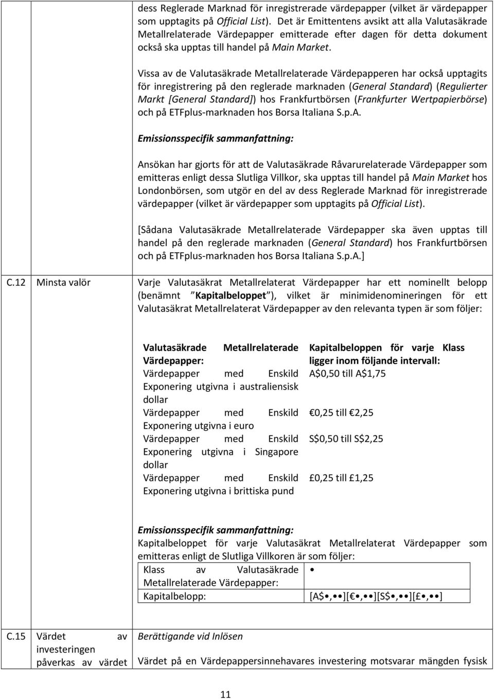 Vissa av de Valutasäkrade Metallrelaterade Värdepapperen har också upptagits för inregistrering på den reglerade marknaden (General Standard) (Regulierter Markt [General Standard]) hos