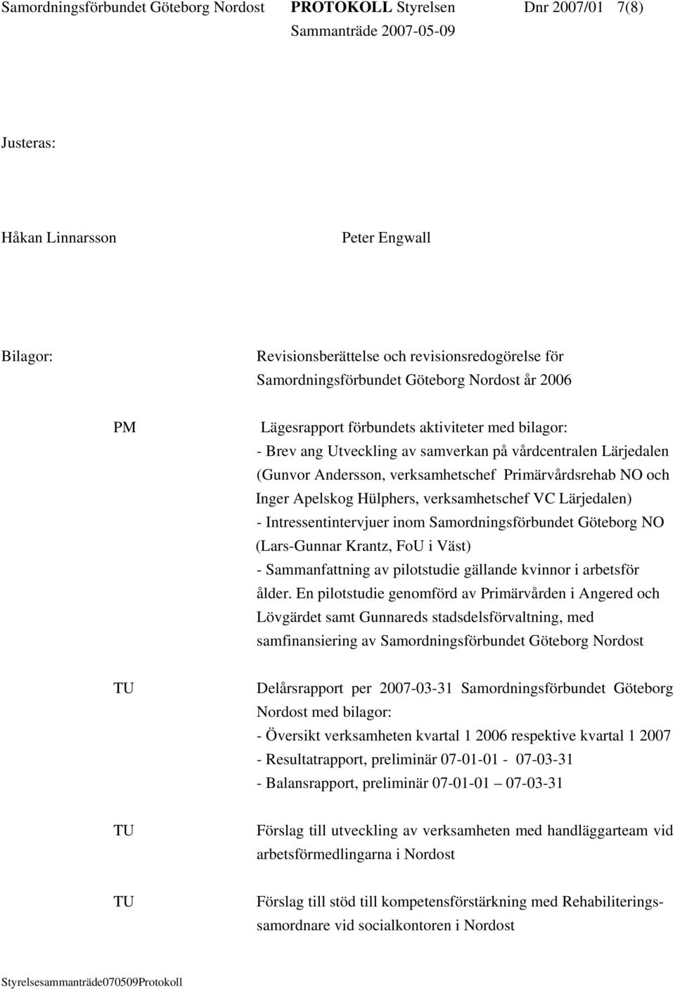 Inger Apelskog Hülphers, verksamhetschef VC Lärjedalen) - Intressentintervjuer inom Samordningsförbundet Göteborg NO (Lars-Gunnar Krantz, FoU i Väst) - Sammanfattning av pilotstudie gällande kvinnor