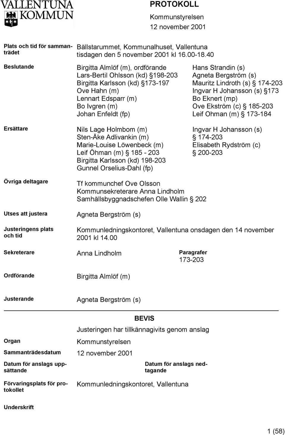 Holmbom (m) Sten-Åke Adlivankin (m) Marie-Louise Löwenbeck (m) Leif Öhman (m) 185-203 Birgitta Karlsson (kd) 198-203 Gunnel Orselius-Dahl (fp) Hans Strandin (s) Agneta Bergström (s) Mauritz Lindroth