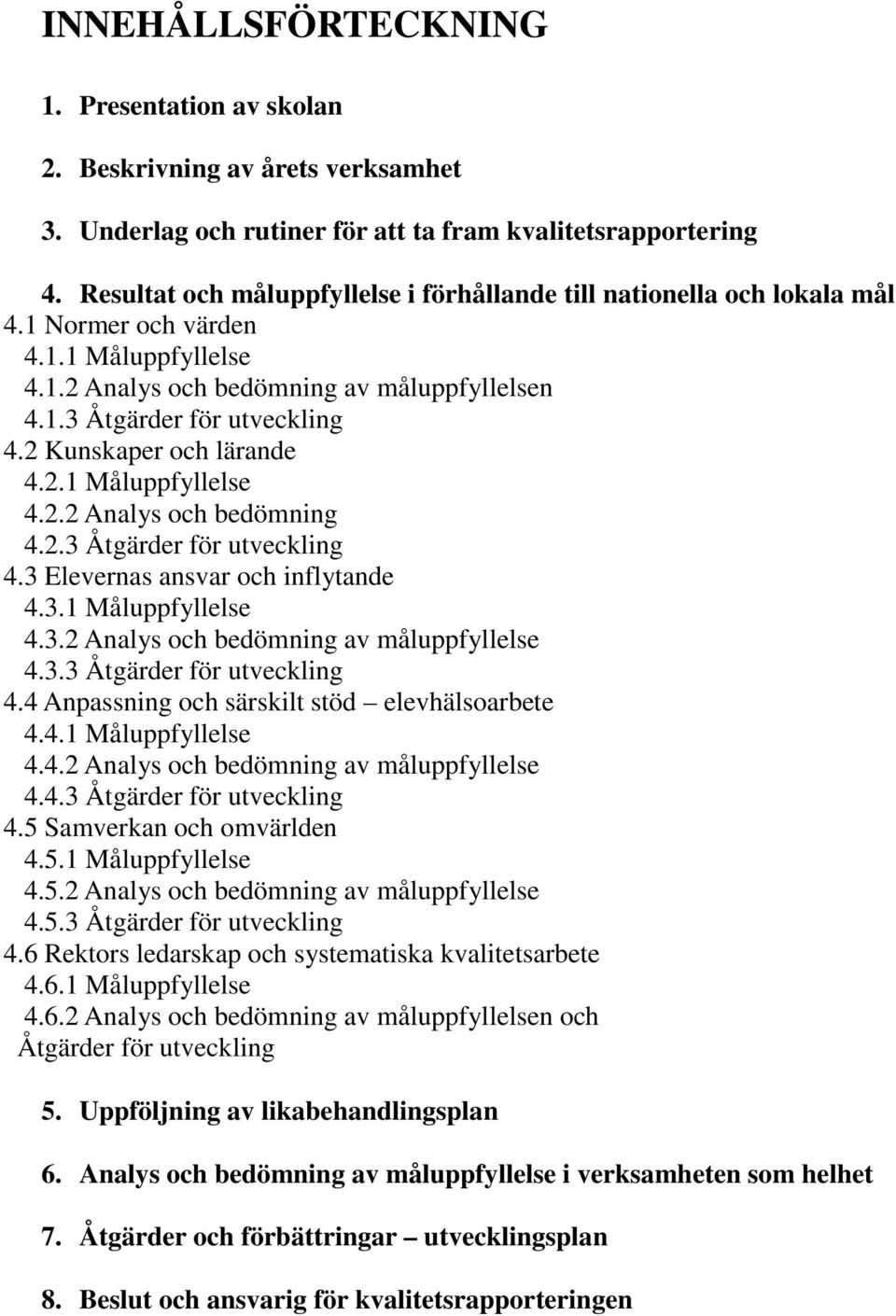 2 Kunskaper och lärande 4.2.1 Måluppfyllelse 4.2.2 Analys och bedömning 4.2.3 Åtgärder för utveckling 4.3 Elevernas ansvar och inflytande 4.3.1 Måluppfyllelse 4.3.2 Analys och bedömning av måluppfyllelse 4.