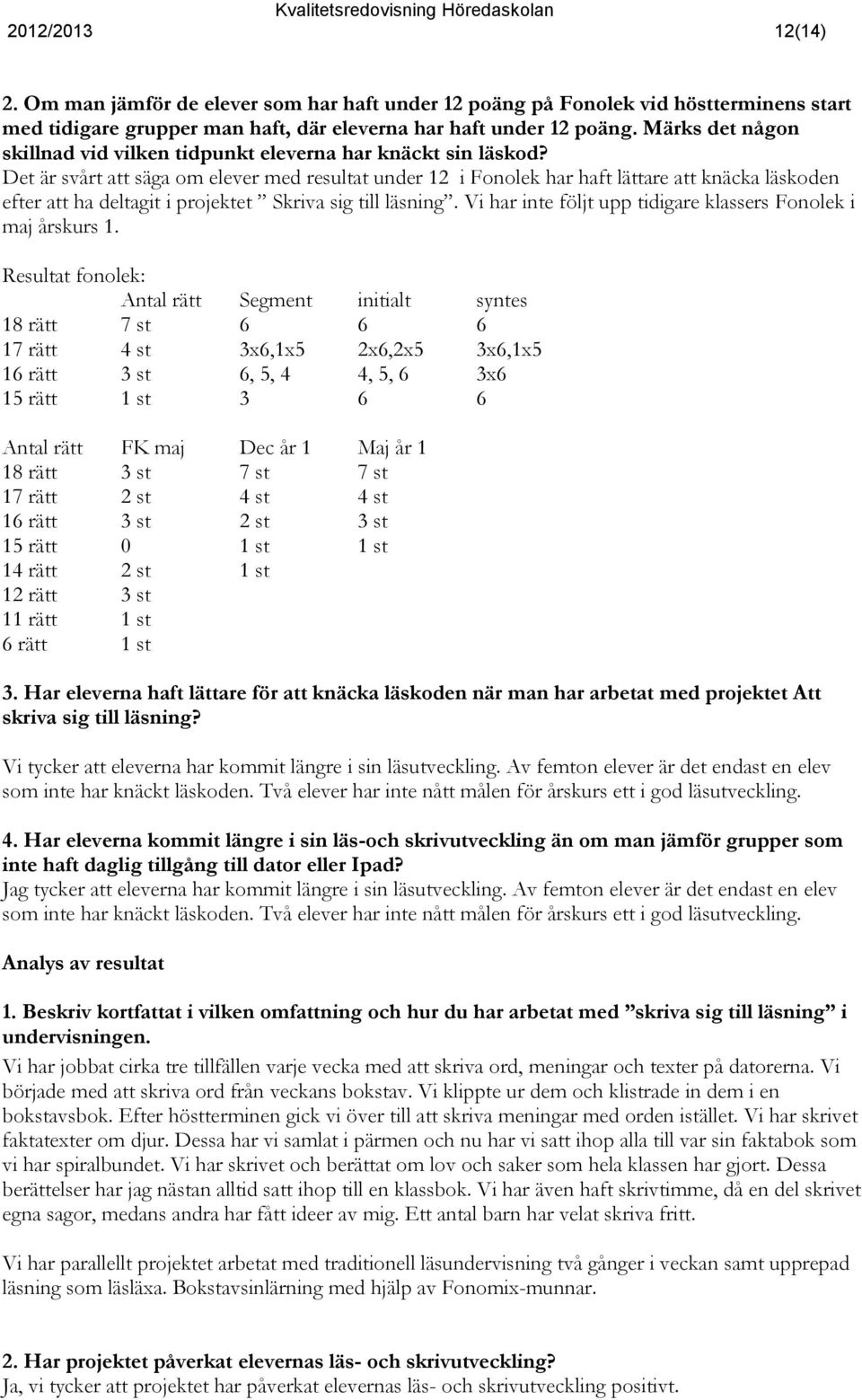 Det är svårt att säga om elever med resultat under 12 i Fonolek har haft lättare att knäcka läskoden efter att ha deltagit i projektet Skriva sig till läsning.