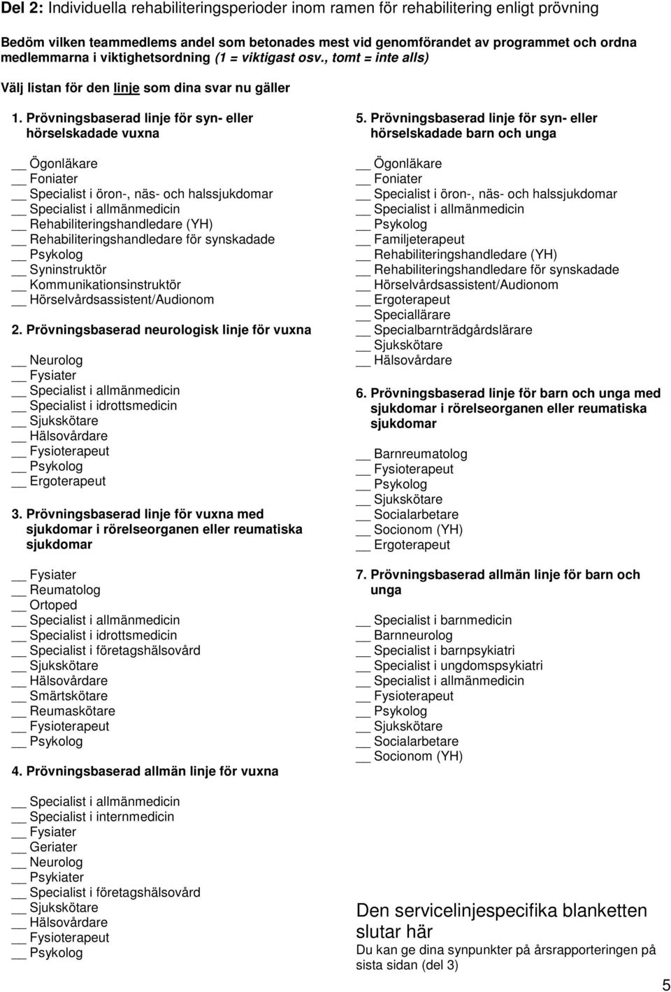 Prövningsbaserad linje för syn- eller hörselskadade vuxna Ögonläkare Foniater Specialist i öron-, näs- och halssjukdomar Rehabiliteringshandledare (YH) Rehabiliteringshandledare för synskadade