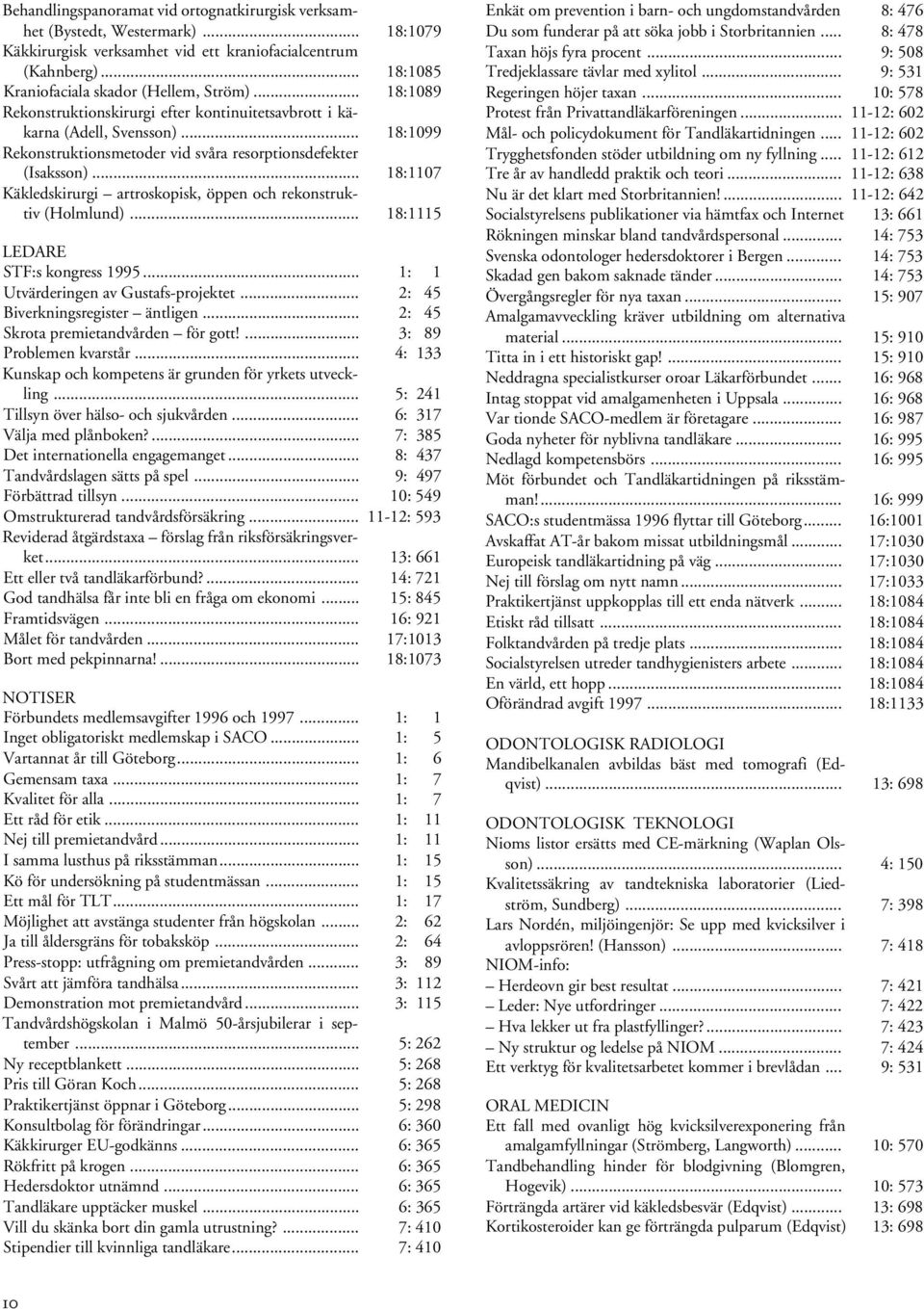 .. 18:1107 Käkledskirurgi artroskopisk, öppen och rekonstruktiv (Holmlund)... 18:1115 LEDARE STF:s kongress 1995... 1: 1 Utvärderingen av Gustafs-projektet... 2: 45 Biverkningsregister äntligen.