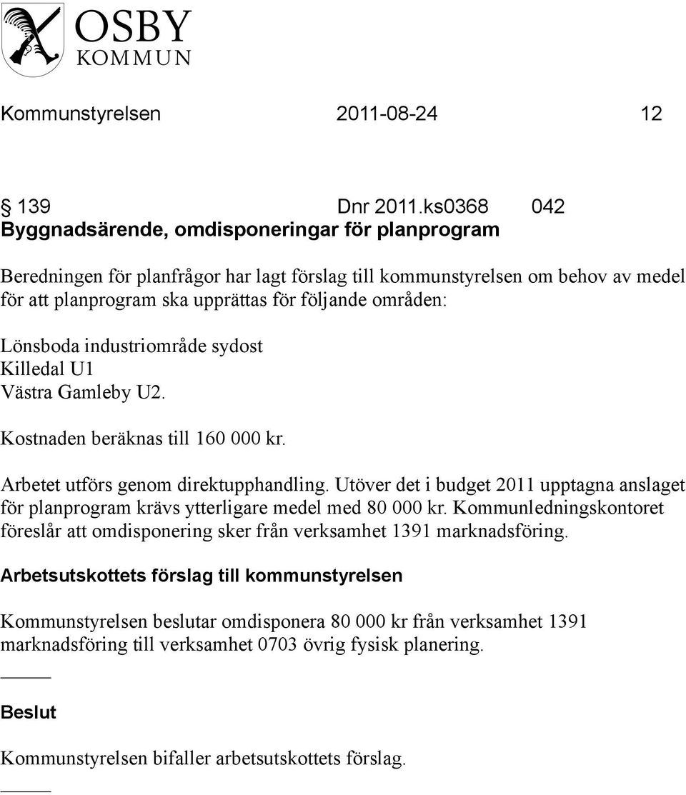 Lönsboda industriområde sydost Killedal U1 Västra Gamleby U2. Kostnaden beräknas till 160 000 kr. Arbetet utförs genom direktupphandling.