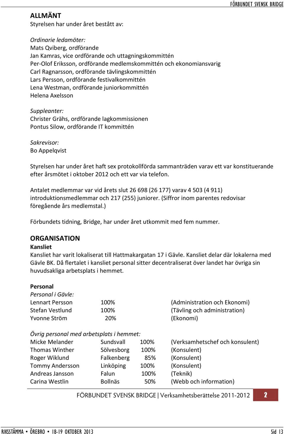 Christer Grähs, ordförande lagkommissionen Pontus Silow, ordförande IT kommittén Sakrevisor: Bo Appelqvist Styrelsen har under året haft sex protokollförda sammanträden varav ett var konstituerande