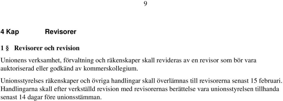 Unionsstyrelses räkenskaper och övriga handlingar skall överlämnas till revisorerna senast 15 februari.