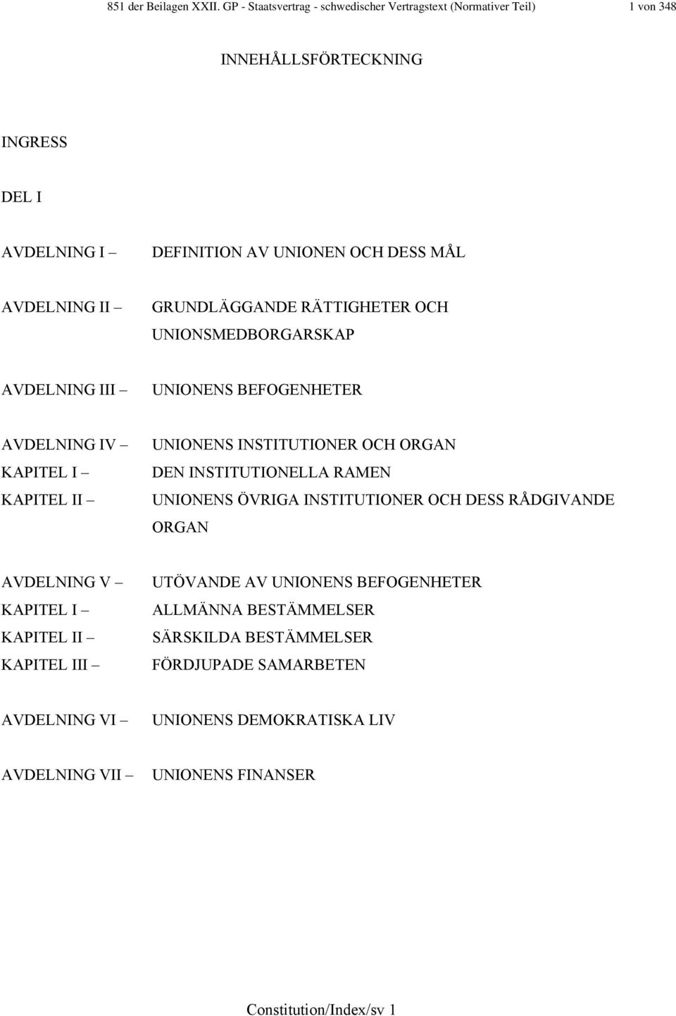 II GRUNDLÄGGANDE RÄTTIGHETER OCH UNIONSMEDBORGARSKAP AVDELNING III UNIONENS BEFOGENHETER AVDELNING IV KAPITEL I KAPITEL II UNIONENS INSTITUTIONER OCH ORGAN DEN