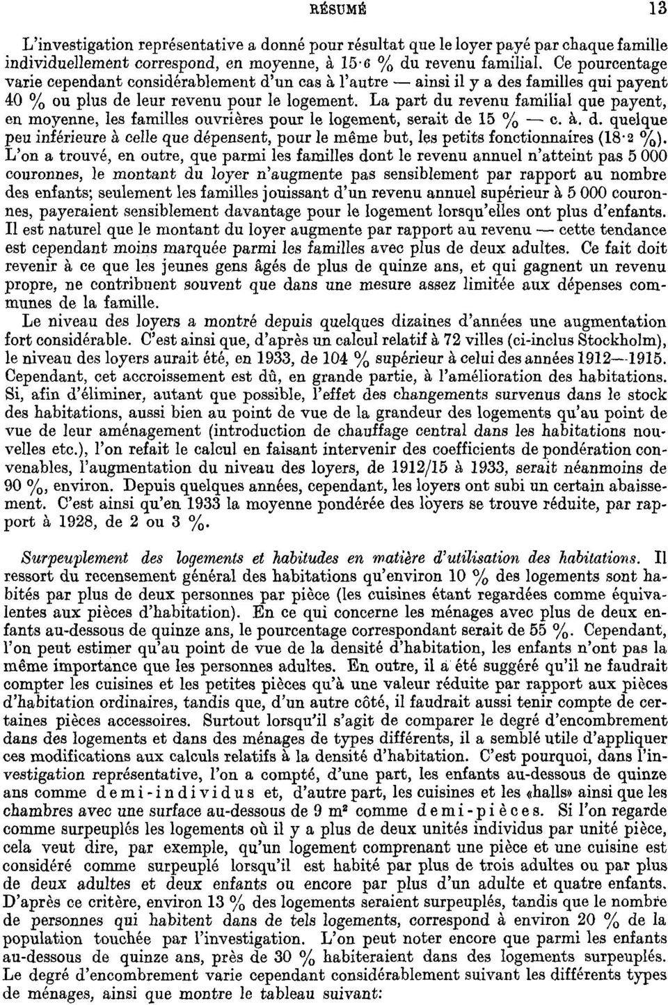 La part du revenu familial que payent, en moyenne, les familles ouvrières pour le logement, serait de 15 % c. à. d. quelque peu inférieure à celle que dépensent, pour le même but, les petits fonctionnaires (18-2 %).