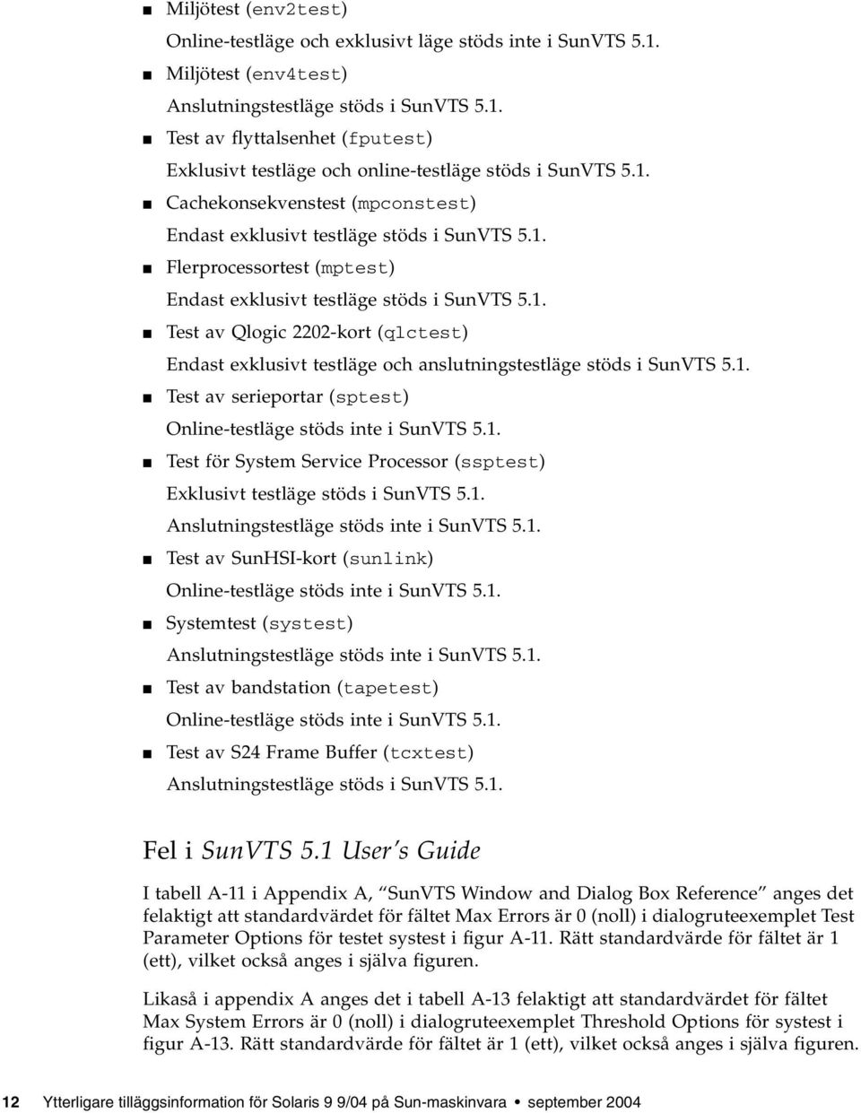 1. Test av serieportar (sptest) Online-testläge stöds inte i SunVTS 5.1. Test för System Service Processor (ssptest) Exklusivt testläge stöds i SunVTS 5.1. Anslutningstestläge stöds inte i SunVTS 5.1. Test av SunHSI-kort (sunlink) Online-testläge stöds inte i SunVTS 5.