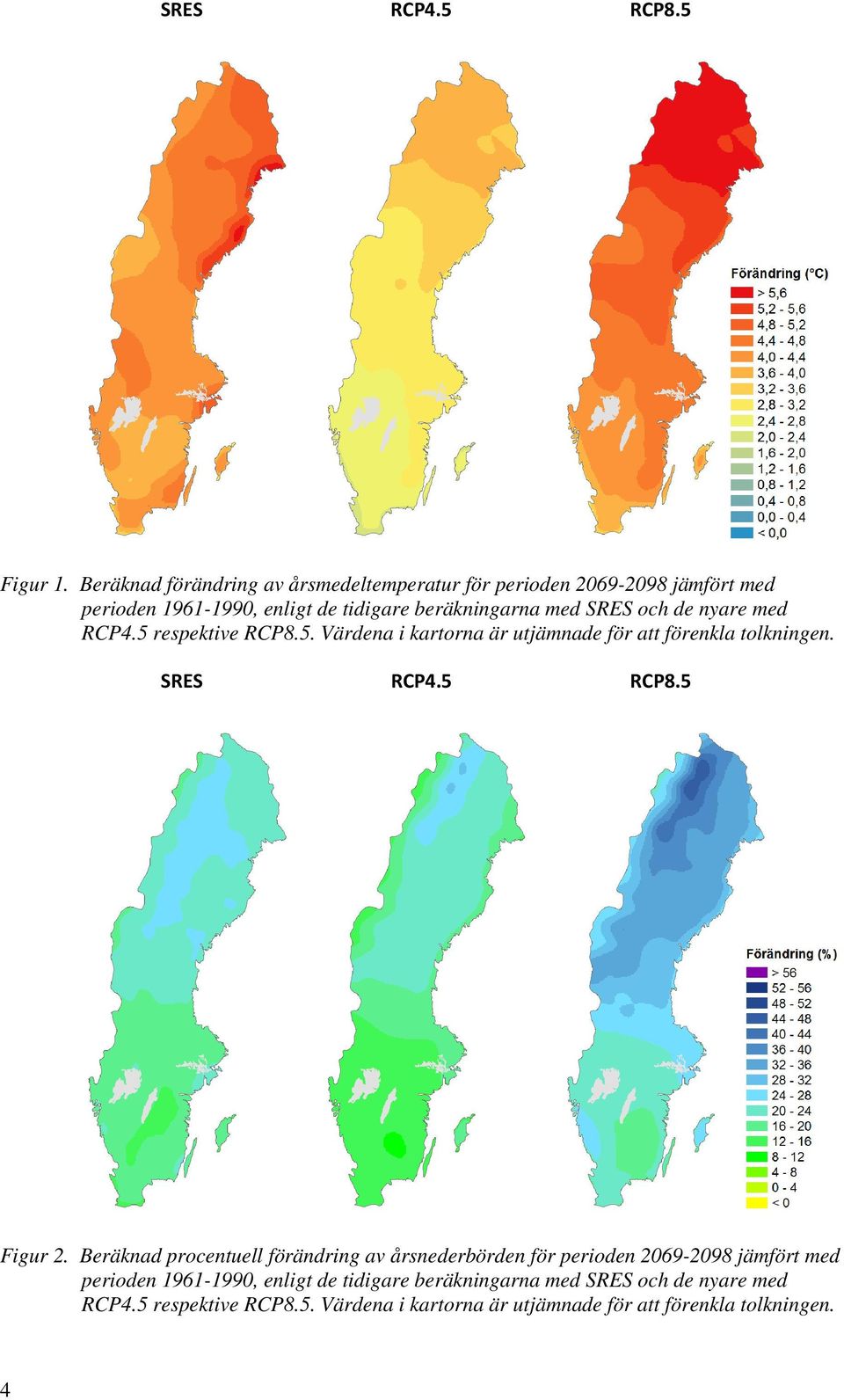 med SRES och de nyare med RCP4.5 respektive. Värdena i kartorna är utjämnade för att förenkla tolkningen. SRES RCP4.5 Figur 2.