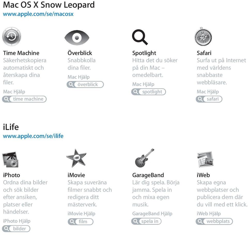 apple.com/se/ilife iphoto Ordna dina bilder och sök bilder efter ansiken, platser eller händelser. iphoto Hjälp bilder imovie Skapa suveräna filmer snabbt och redigera ditt mästerverk.