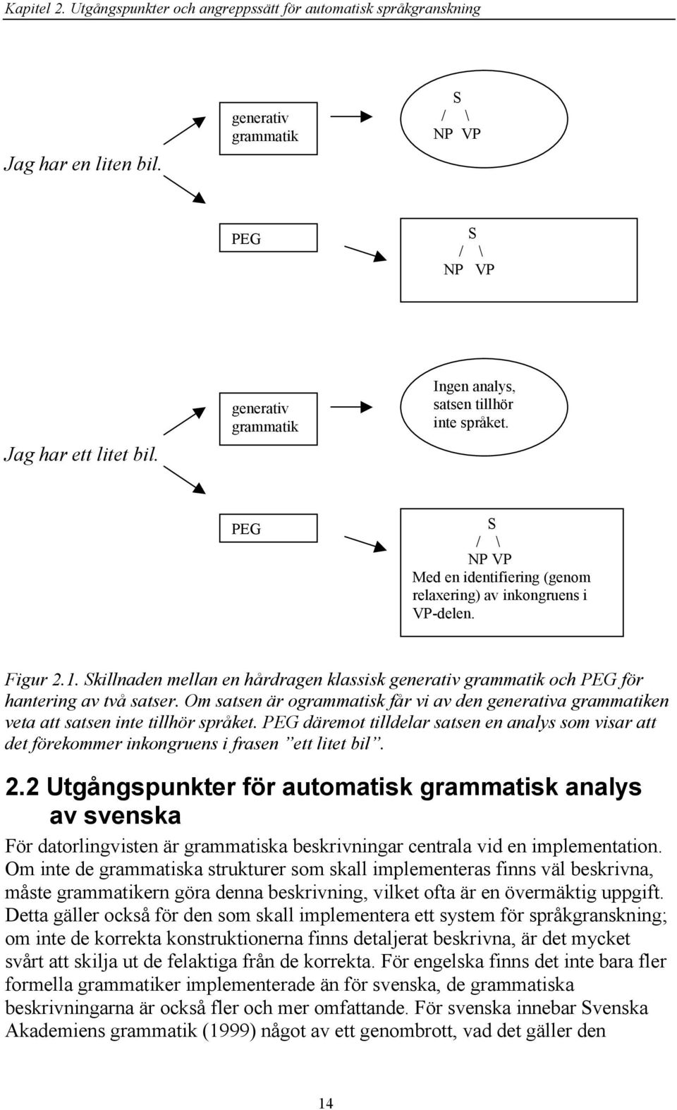 Skillnaden mellan en hårdragen klassisk generativ grammatik och PEG för hantering av två satser. Om satsen är ogrammatisk får vi av den generativa grammatiken veta att satsen inte tillhör språket.