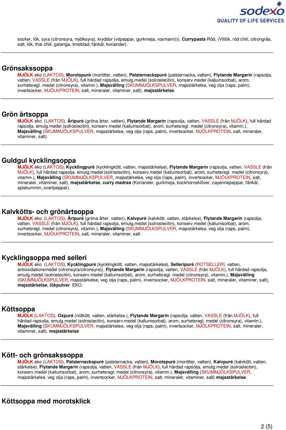 majsstärkelse. Grön ärtsoppa MJÖLK eko (LAKTOS), Ärtpuré (gröna ärter, vatten), Flytande Margarin (rapsolja, vatten, VASSLE (från MJÖLK), full härdad rapsolja, emulg.medel (solroslecitin), konserv.