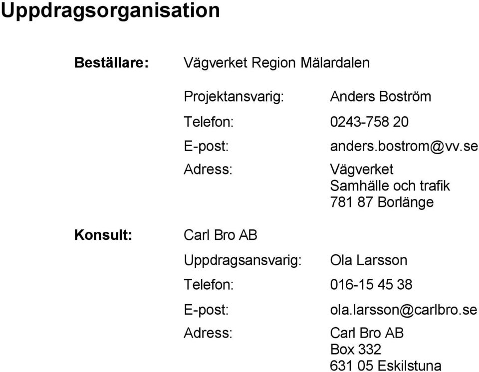 se Vägverket amhälle och trafik 781 87 Borlänge Konsult: Carl Bro AB Uppdragsansvarig: