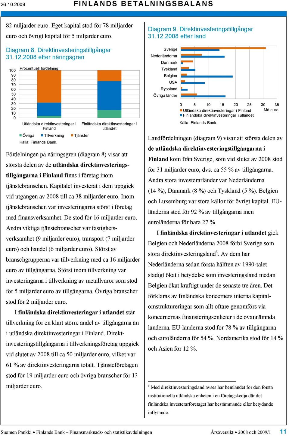 näringsgren (diagram 8) visar att största delen av de utländska direktinvesteringstillgångarna i Finland finns i företag inom tjänstebranschen.