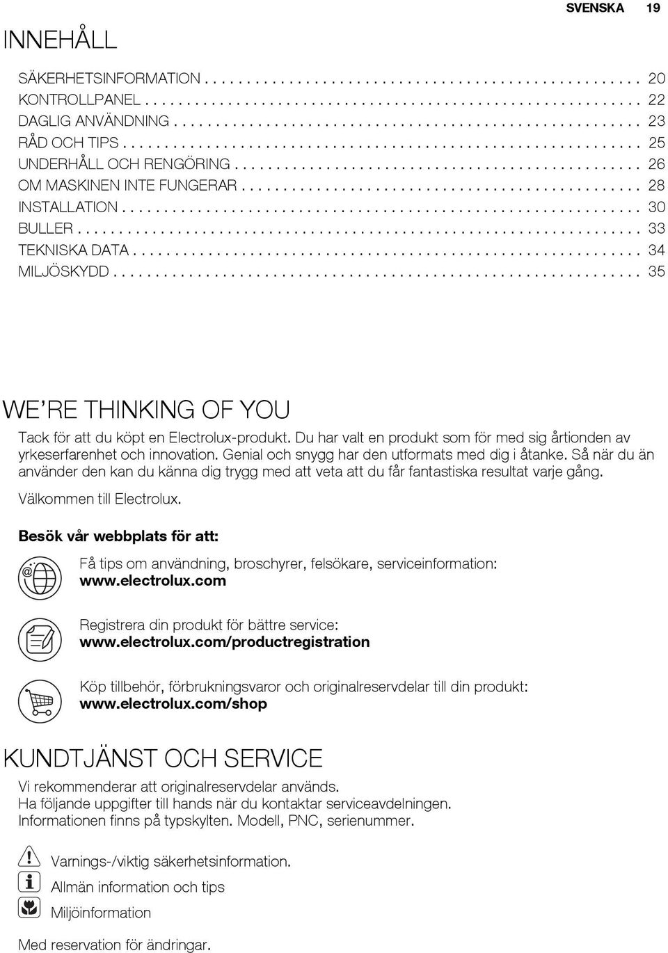 ............................................... 28 INSTALLATION.............................................................. 30 BULLER.................................................................... 33 TEKNISKA DATA.