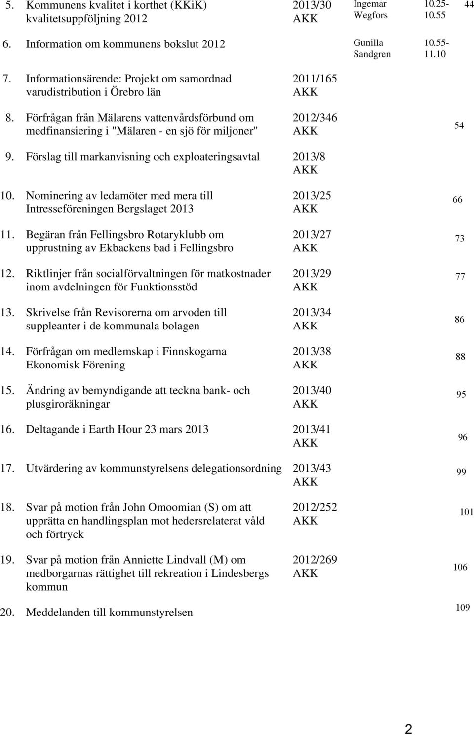 Förslag till markanvisning och exploateringsavtal 2013/8 AKK 10. Nominering av ledamöter med mera till Intresseföreningen Bergslaget 2013 11.