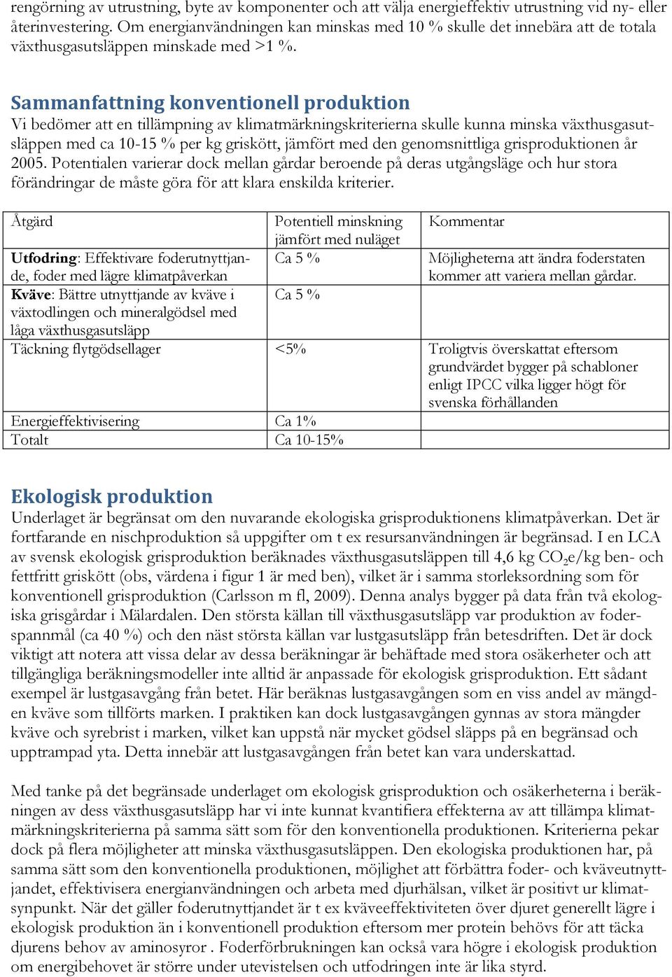 Sammanfattning konventionell produktion Vi bedömer att en tillämpning av klimatmärkningskriterierna skulle kunna minska växthusgasutsläppen med ca 10-15 % per kg griskött, jämfört med den