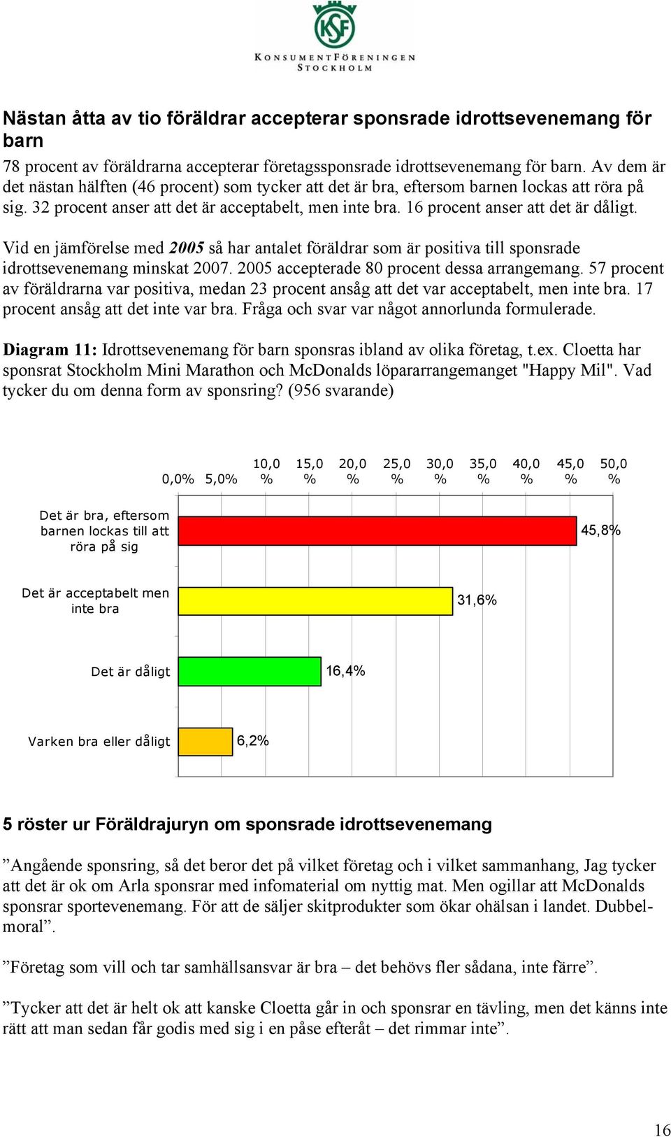 Vid en jämförelse med 2005 så har antalet föräldrar som är positiva till sponsrade idrottsevenemang minskat 2007. 2005 accepterade 80 procent dessa arrangemang.