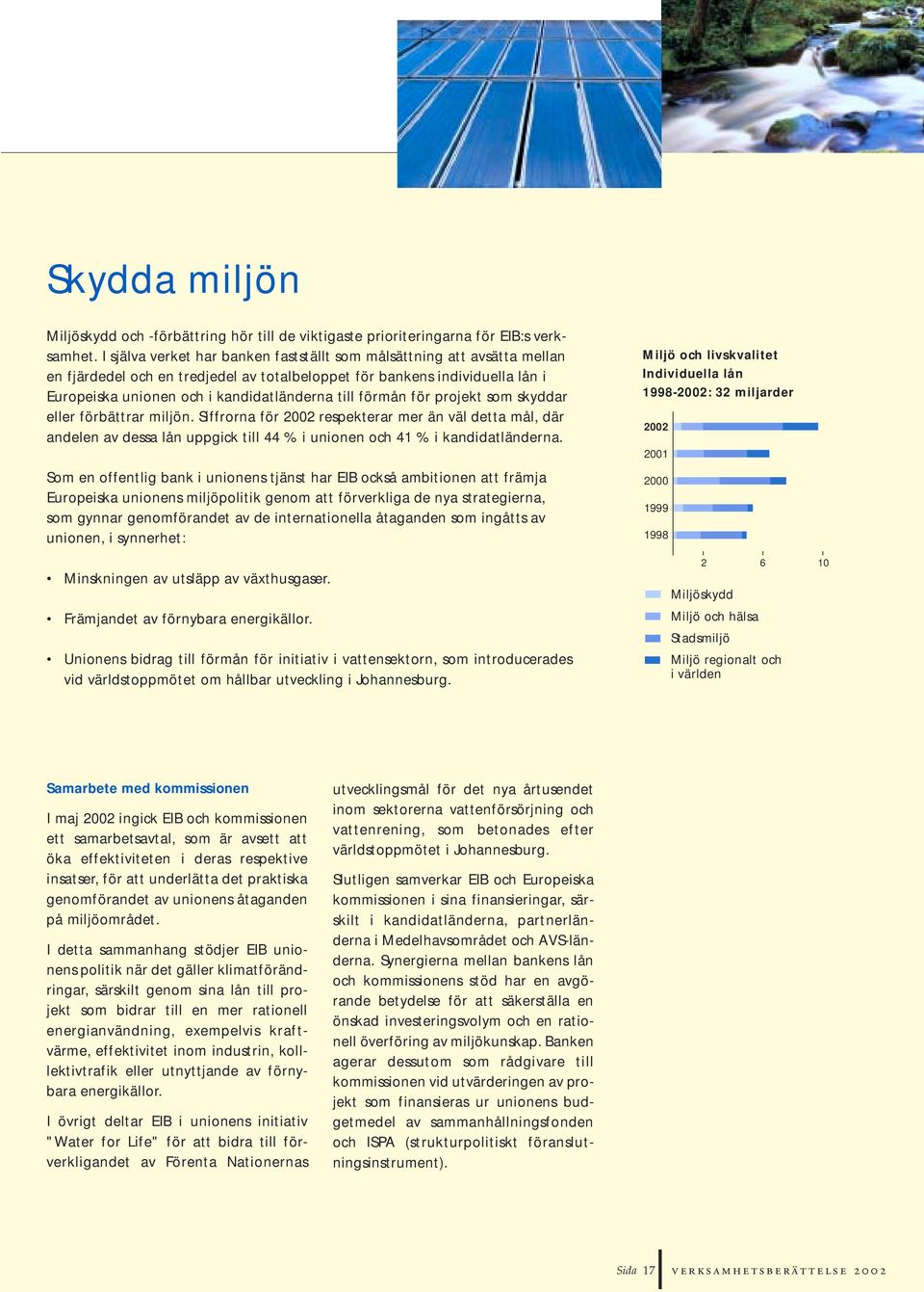 förmån för projekt som skyddar eller förbättrar miljön. Siffrorna för 2002 respekterar mer än väl detta mål, där andelen av dessa lån uppgick till 44 % i unionen och 41 % i kandidatländerna.