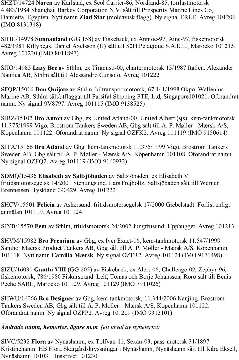 Daniel Axelsson (H) sålt till S2H Pelagique S.A.R.L., Marocko 101215. Avreg 101230 (IMO 8011897) SJIO/14985 Lazy Bee av Sthlm, ex Tiramisu-00, chartermotorsk 15/1987 Italien.