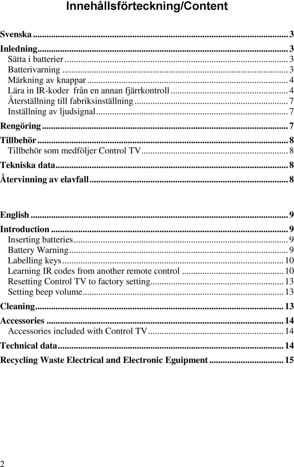 .. 8 Återvinning av elavfall... 8 English... 9 Introduction... 9 Inserting batteries... 9 Battery Warning... 9 Labelling keys... 10 Learning IR codes from another remote control.