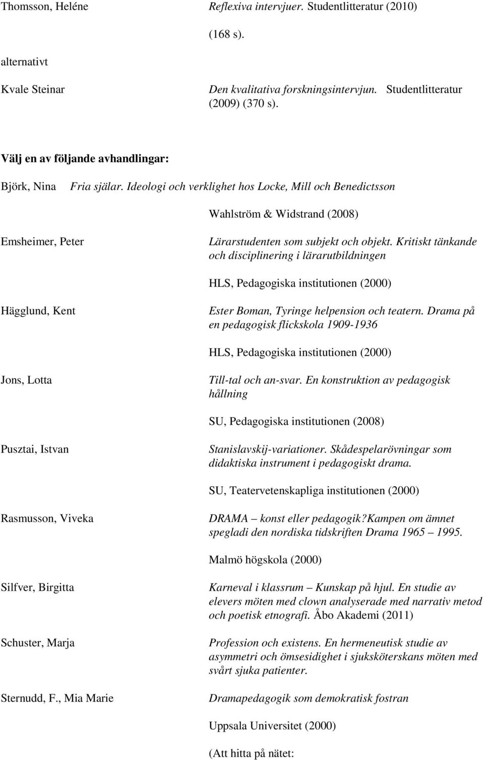 Kritiskt tänkande och disciplinering i lärarutbildningen HLS, Pedagogiska institutionen (2000) Hägglund, Kent Ester Boman, Tyringe helpension och teatern.