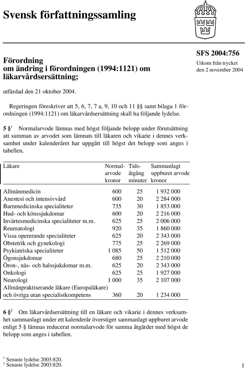 5 1 Normalarvode lämnas med högst följande belopp under förutsättning att summan av arvodet som lämnats till läkaren och vikarie i dennes verksamhet under kalenderåret har uppgått till högst det