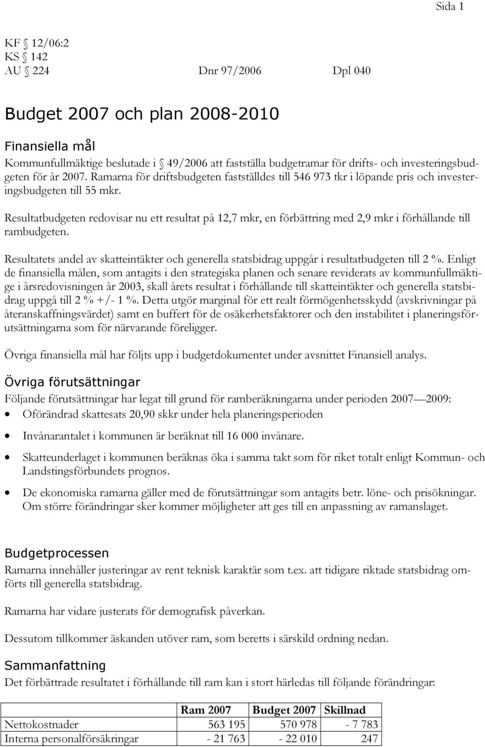 Resultatbudgeten redovisar nu ett resultat på 12,7 mkr, en förbättring med 2,9 mkr i förhållande till rambudgeten.